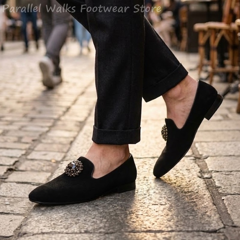 Suede Loafers Men - Herenschoenen van suède met strass-kristallenversiering, instappers,