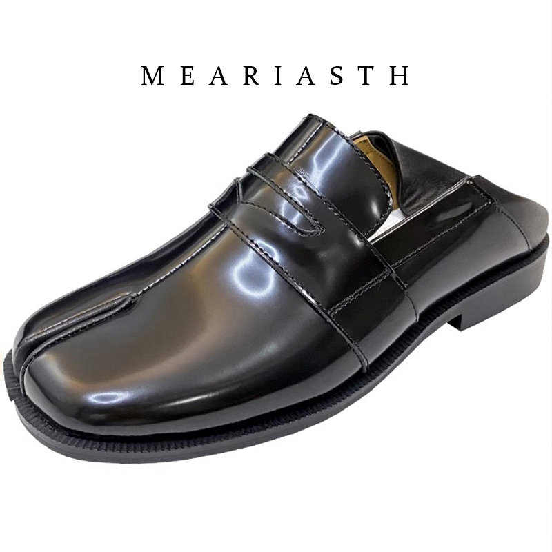 Suede Loafers Men - zwarte Tabi-schoenen met gespleten teen, lakleren