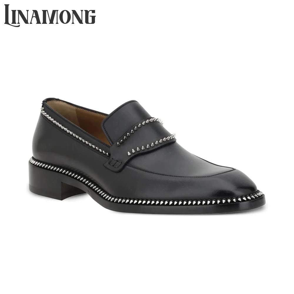 Suede Loafers Men - Zwarte Spike Loafers met amandelvormige neus,